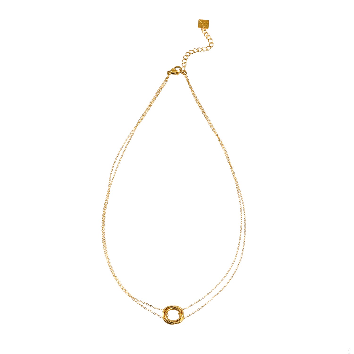 ELVIRA Gold: Double Chain Dainty Necklace with Intertwined 3-Ring Pendant – Symbol of Love, Unity & Eternity