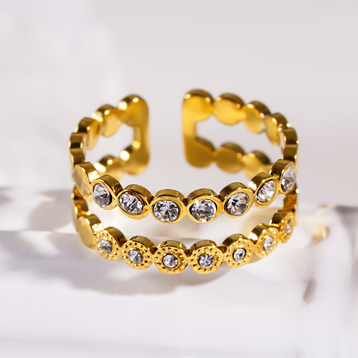 Style ERLAT 4287: Double Stacked Zirconia Embellished Textured Ring.