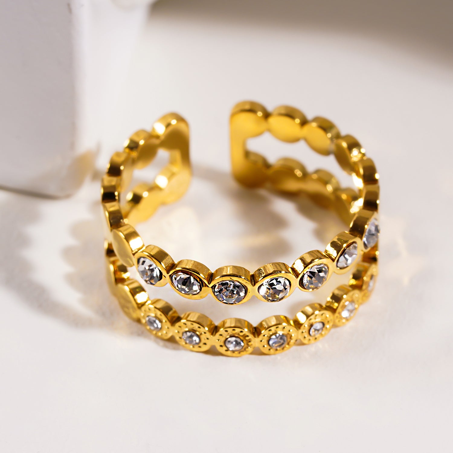 Style ERLAT 4287: Double Stacked Zirconia Embellished Textured Ring.