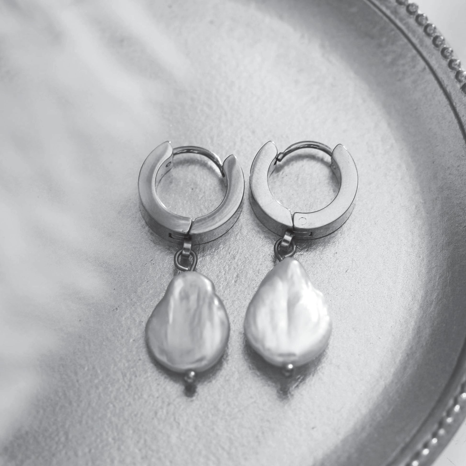 GAIA White Gold (Silver Toned):  Baroque Freshwater Pearls on Wide Mini Hoops