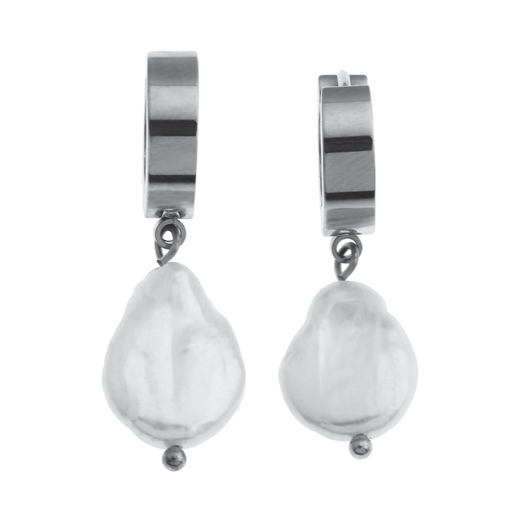 GAIA White Gold (Silver Toned):  Baroque Freshwater Pearls on Wide Mini Hoops