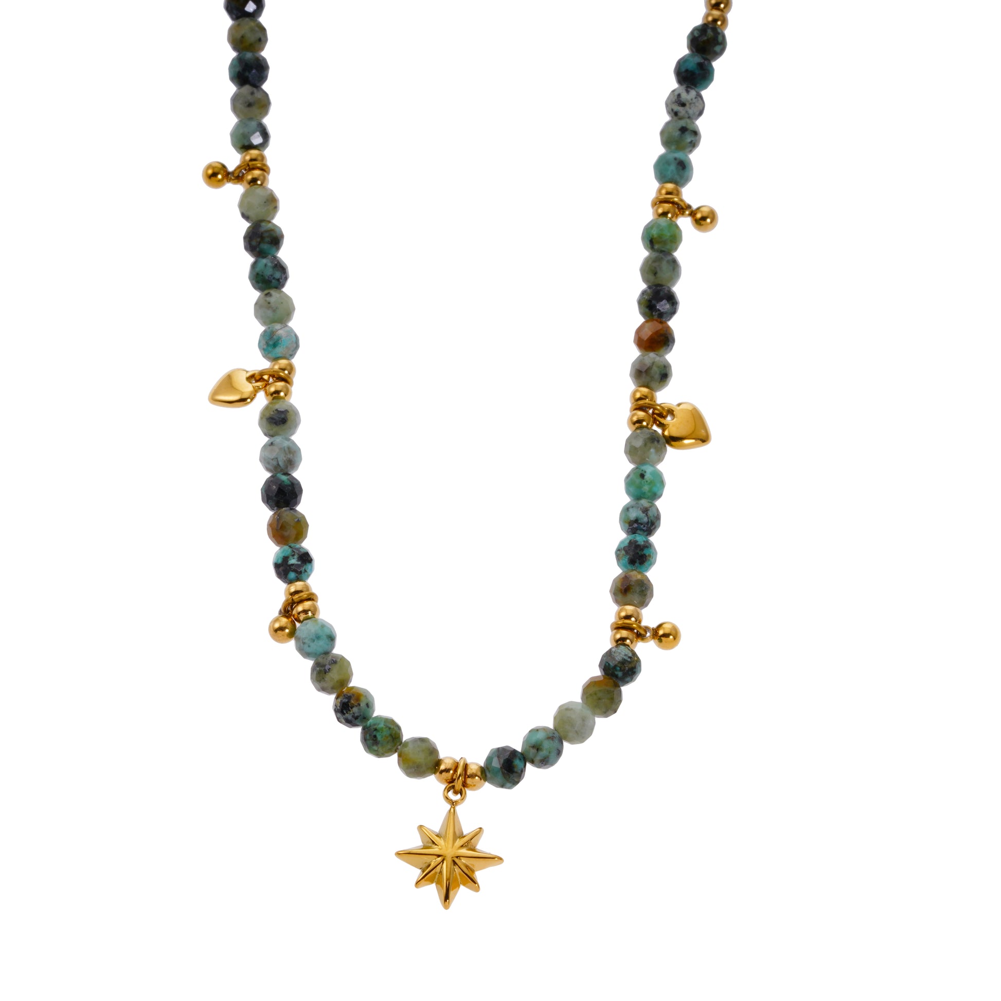 Style GITANJI 7871: Blue Turquoise Stones with Gold Beads & Charms Chain Necklace