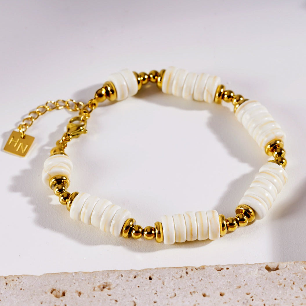 Style GODIVA 9409: White Turquoise Stone & Gold Beaded Modern Boho Bracelet