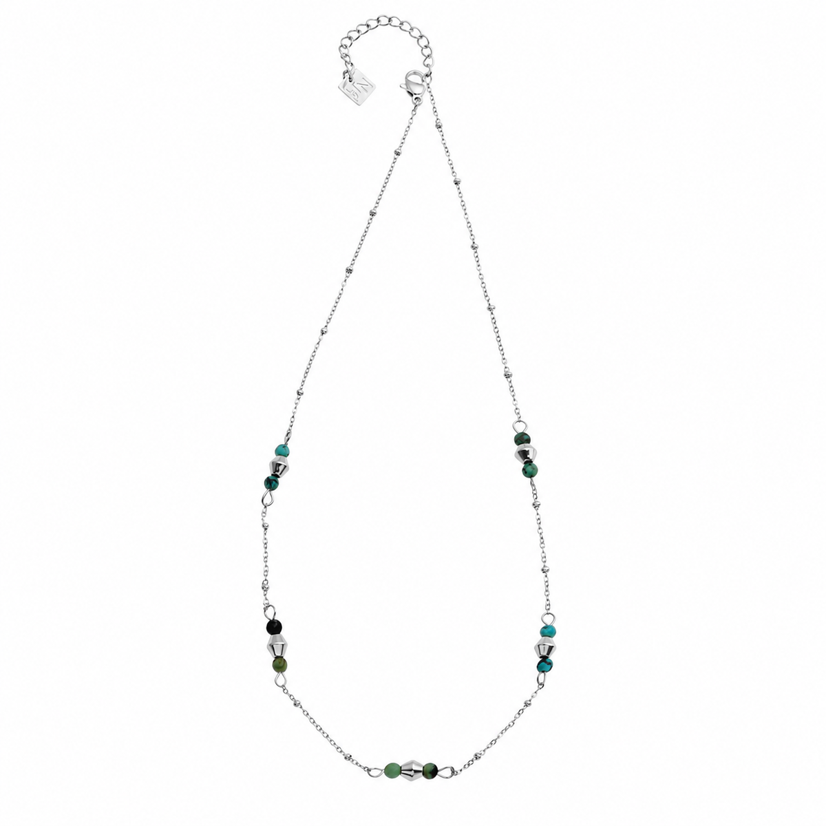 IMANI: Mix Bead Dainty Chain Necklace featuring Natural Stones & White Gold (Silver Toned) Metal