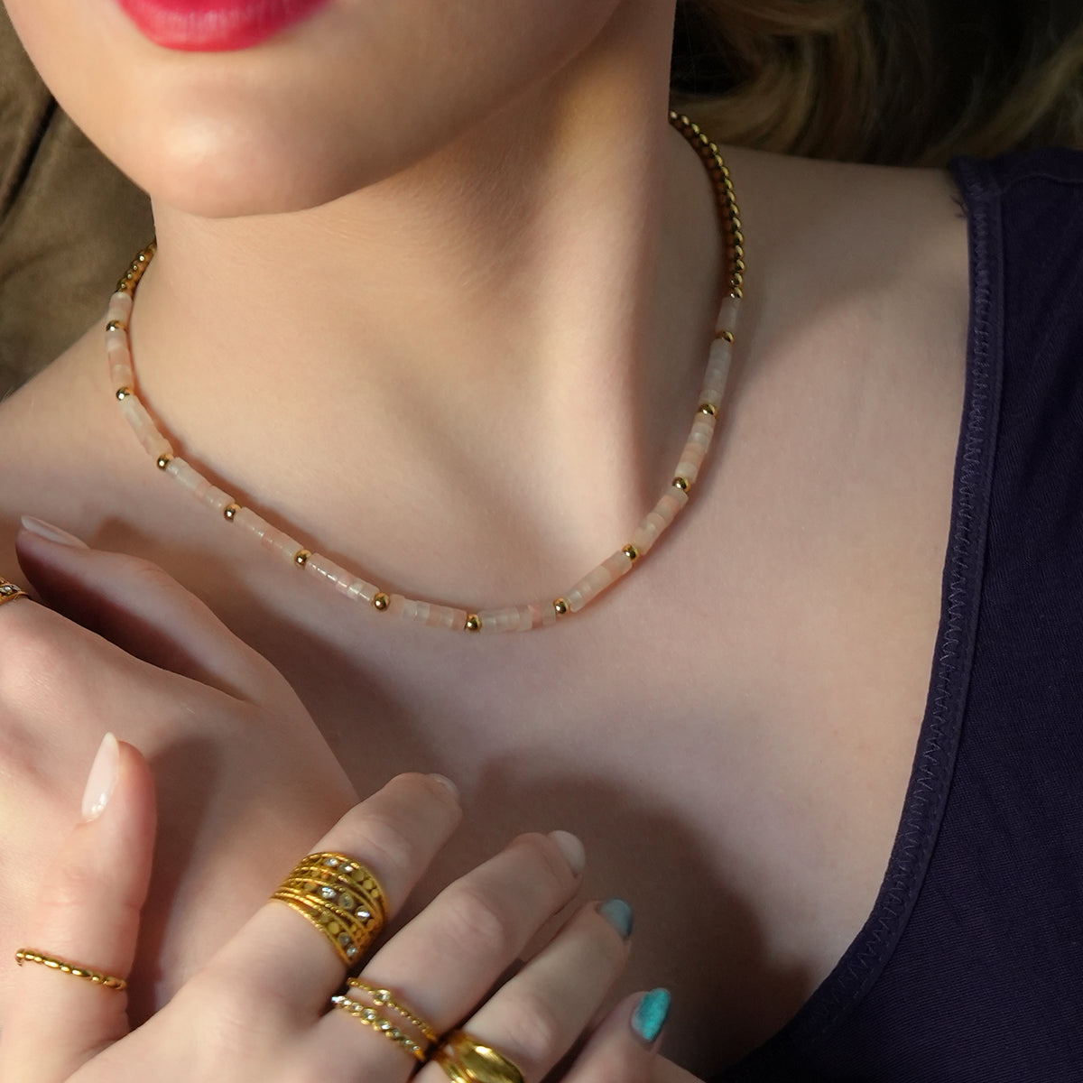 ISHANI: Pink Aventurine Stones and Gold Beaded Necklace