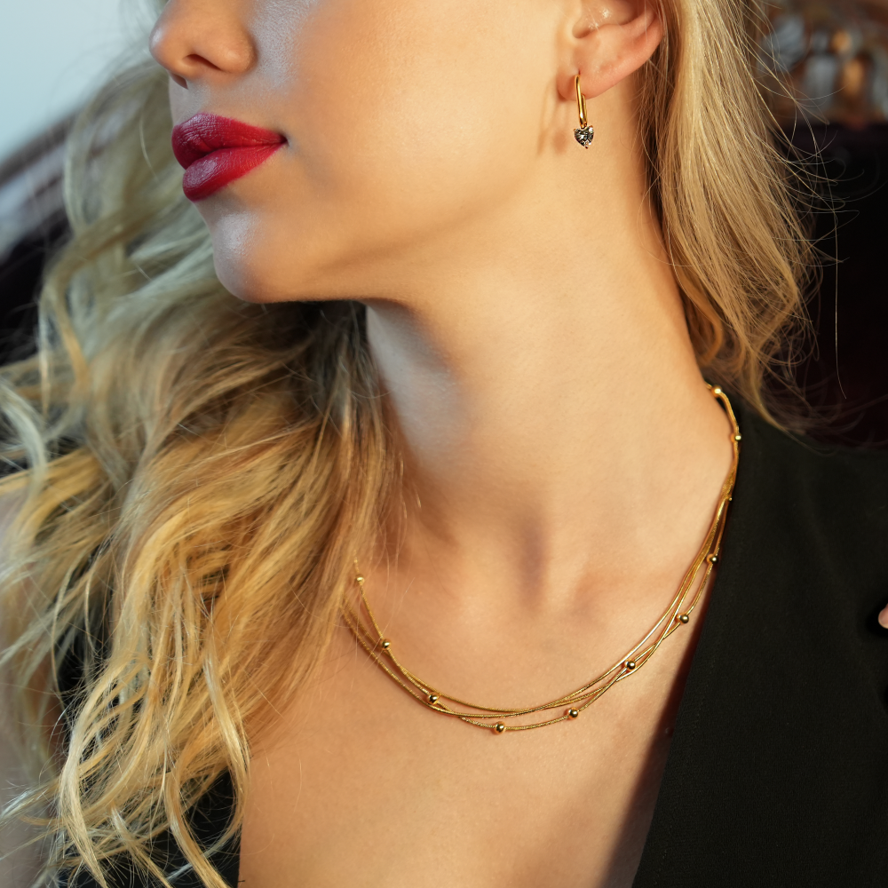 hackney-nine | Style KAKIA 99986: Triple Snake-Skin Chain Layered Necklace with Ball-Bead Accents.
