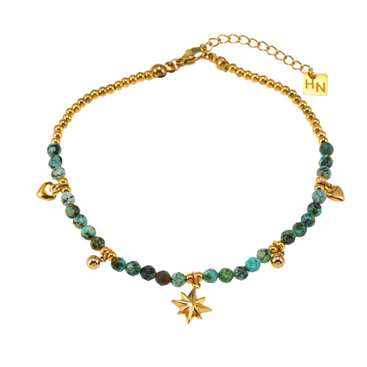 Style KAVYA LG 9861: Blue Turquoise Stones with Gold Beads &amp; Charms Chain Anklet.