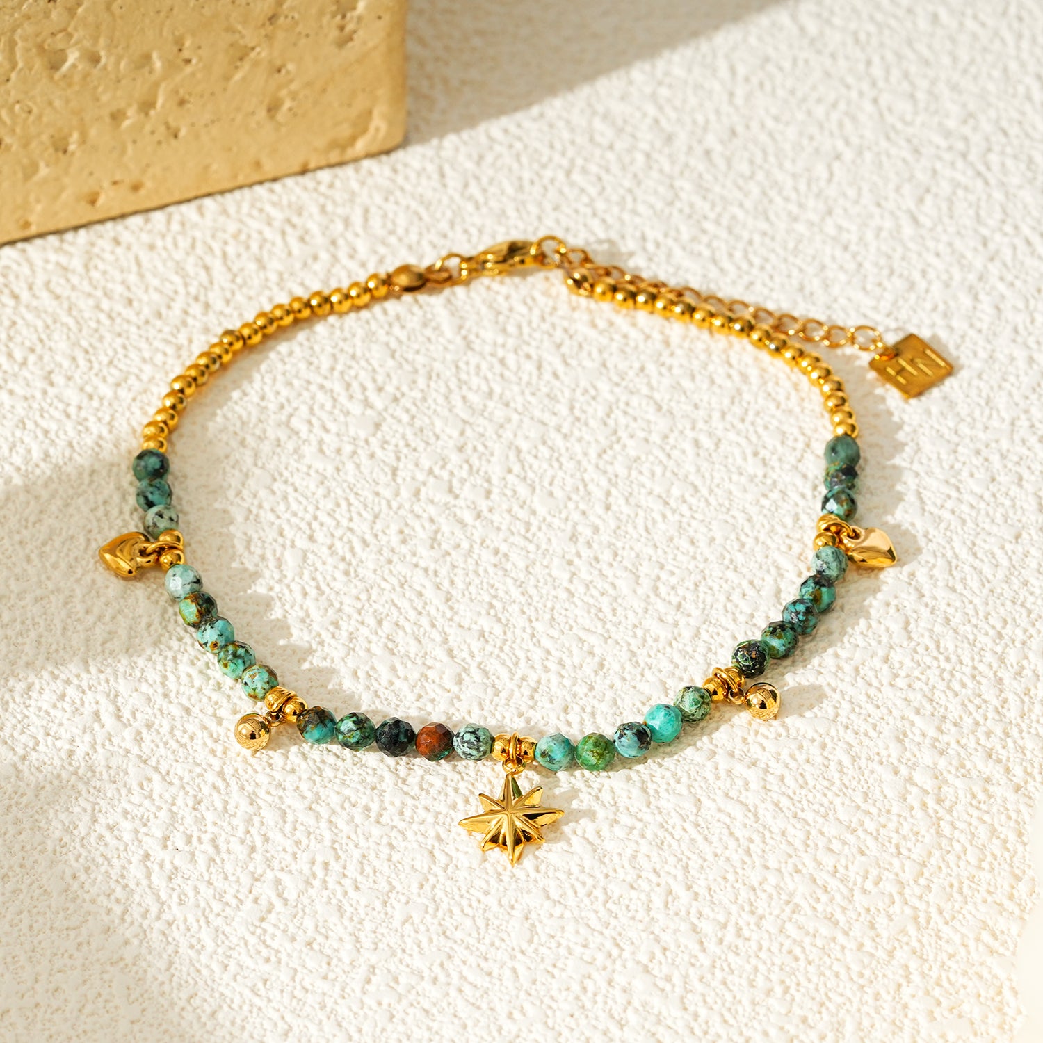Style KAVYA LG 9861: Blue Turquoise Stones with Gold Beads &amp; Charms Chain Anklet.
