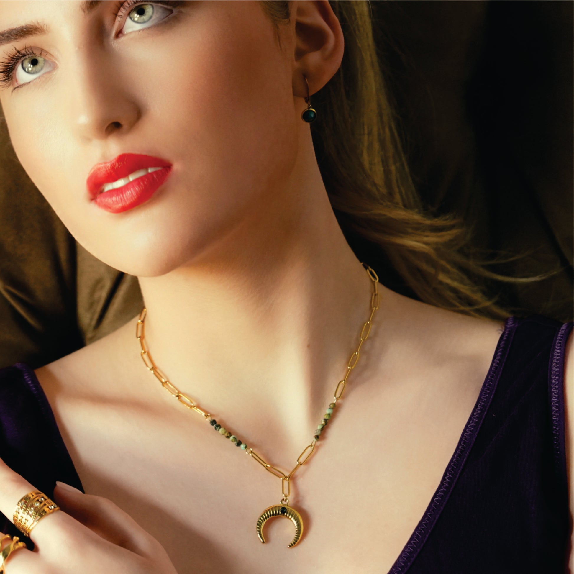 Style LILLE 221011: Boho-Chic African Turquoise Natural Stone Crescent Moon Pendant Gold Necklace.