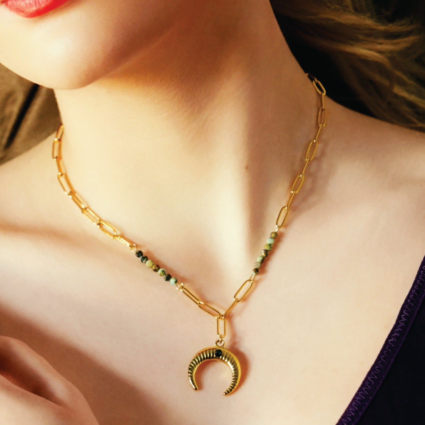 Style LILLE 221011: Boho-Chic African Turquoise Natural Stone Crescent Moon Pendant Gold Necklace.