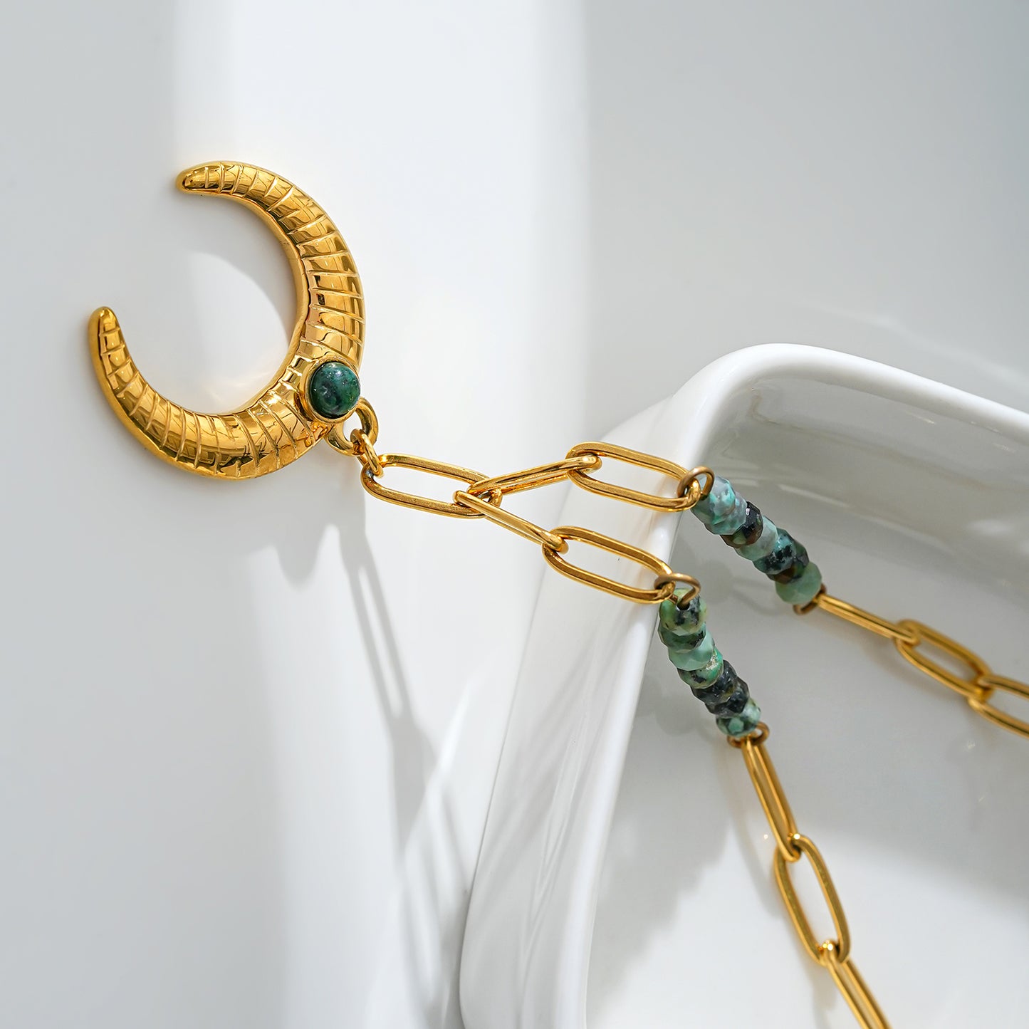 Style LILLE 221011: Boho-Chic African Turquoise Natural Stone Crescent Moon Pendant Gold Necklace.