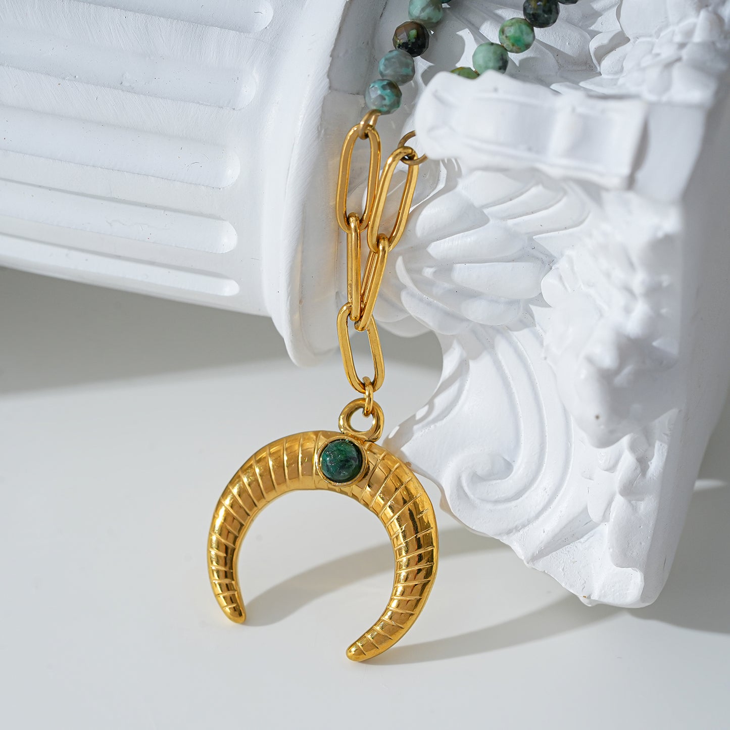 Style LILLE 221011: Boho-Chic African Turquoise Natural Stone Crescent Moon Pendant Gold Necklace.