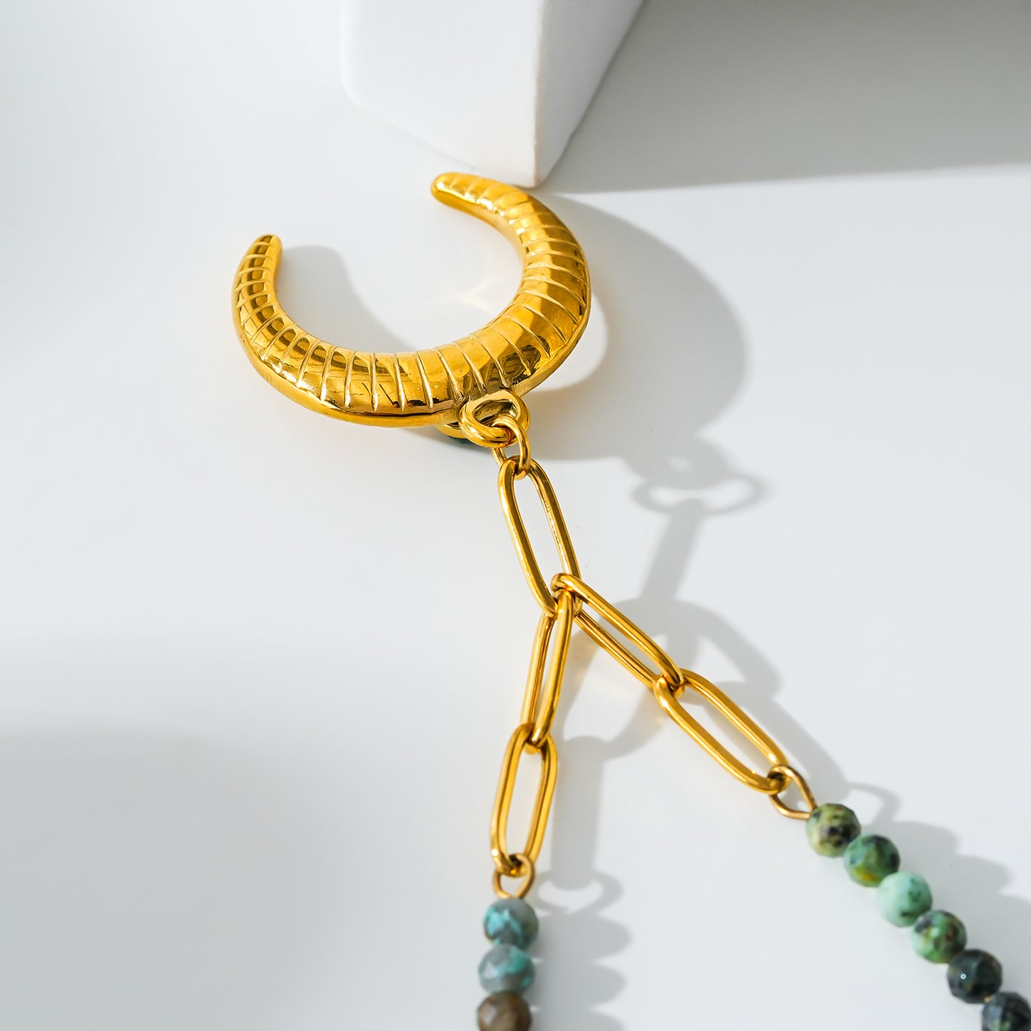 Style LILLE 221011: Boho-Chic African Turquoise Natural Stone Crescent Moon Pendant Gold Necklace.