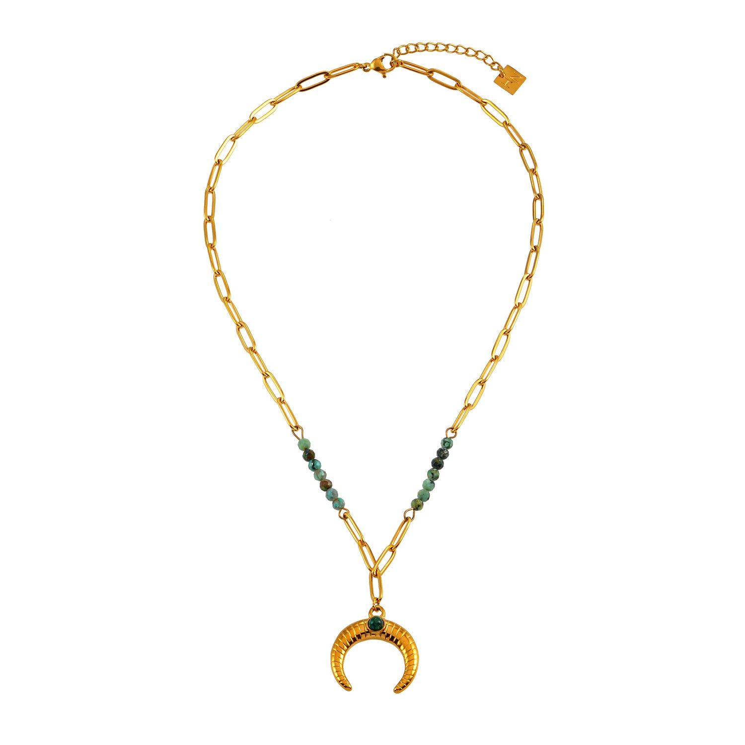Style LILLE 221011: Boho-Chic African Turquoise Natural Stone Crescent Moon Pendant Gold Necklace.