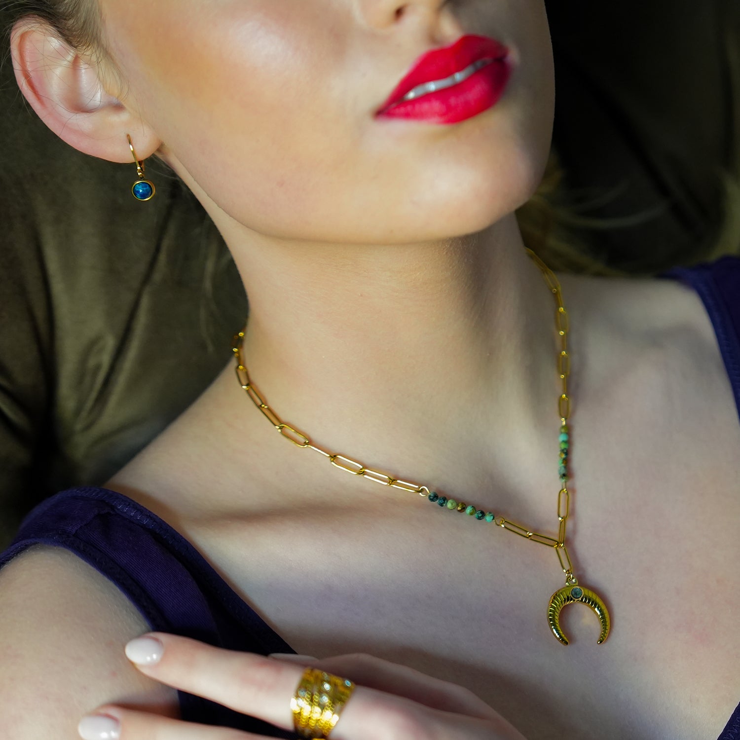 Style LILLE 221011: Boho-Chic African Turquoise Natural Stone Crescent Moon Pendant Gold Necklace.