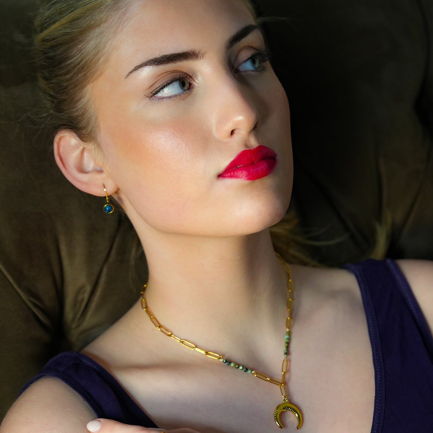 Style LILLE 221011: Boho-Chic African Turquoise Natural Stone Crescent Moon Pendant Gold Necklace.