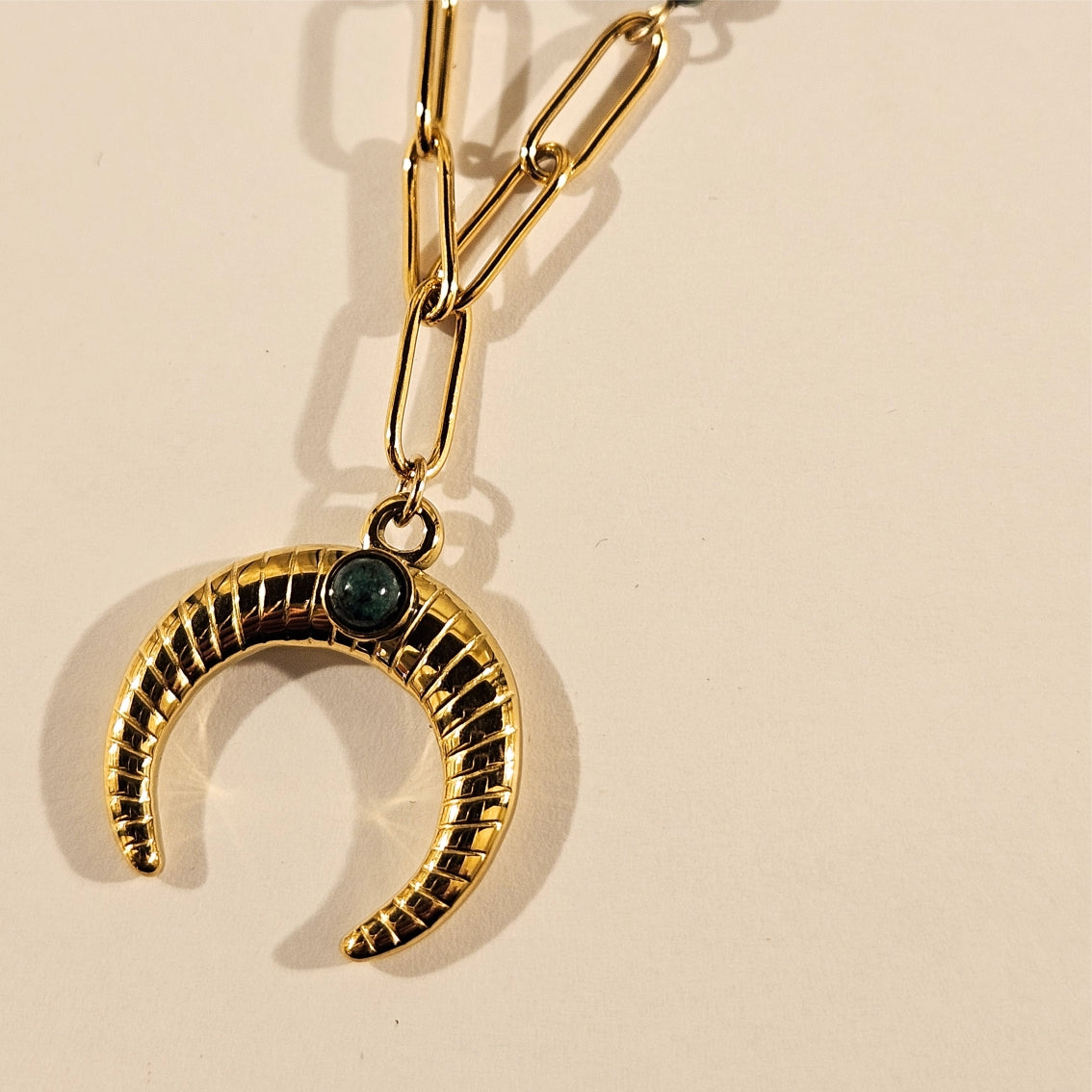 Style LILLE 221011: Boho-Chic African Turquoise Natural Stone Crescent Moon Pendant Gold Necklace.