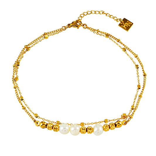Style MARENTA LG 5435: Gilded Harmony Chain Anklet with Gold Beads and Freshwater Pearls.