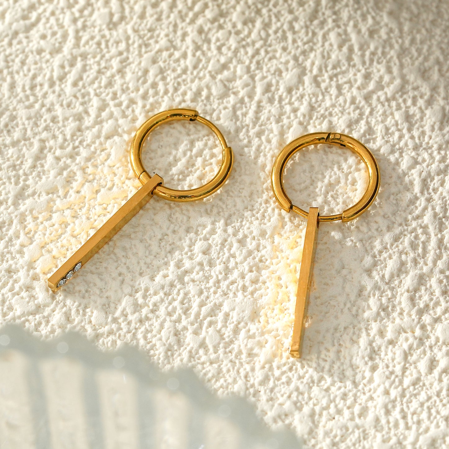 Style MAYLA: Hoop with a Minimalist Matchstick Rectangular Charm featuring a Trio of Zirconia Gemstones