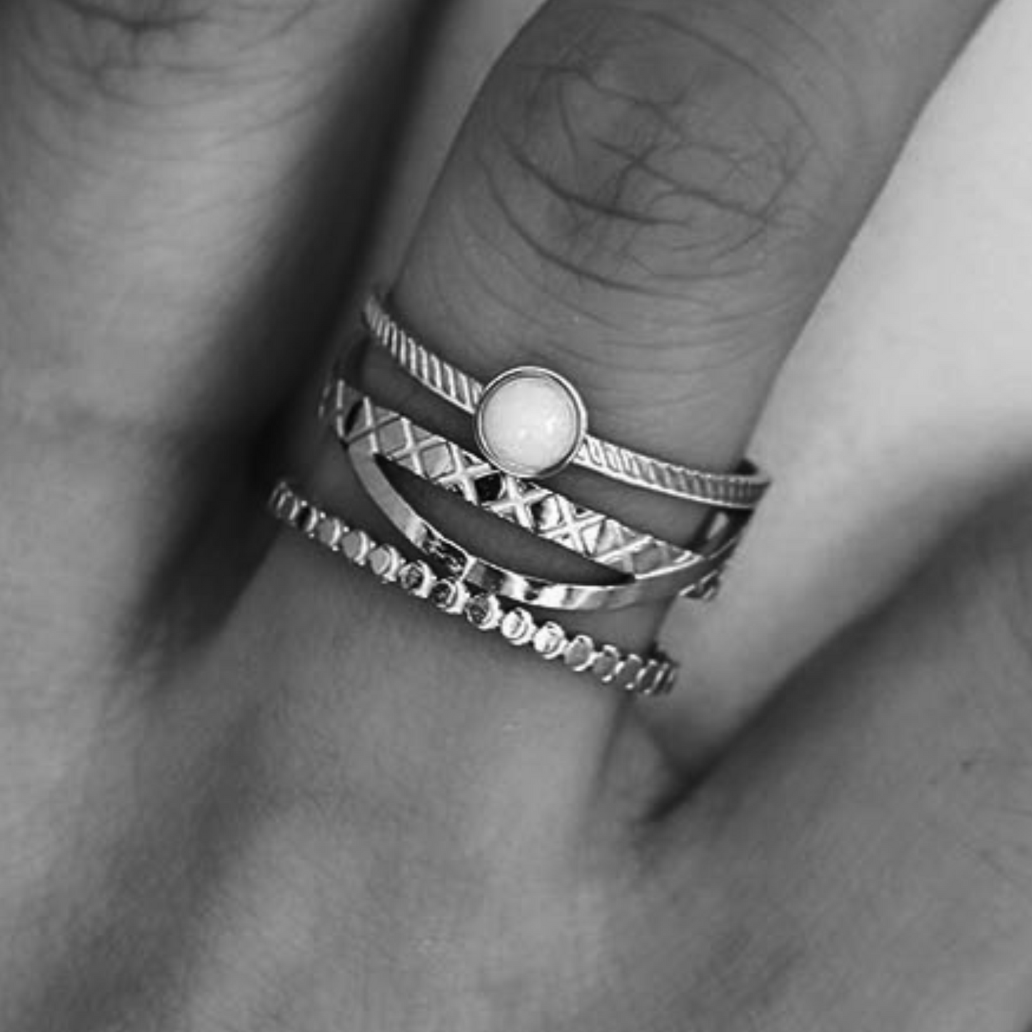 NADIA Silver (White Gold): Multi Stacked Ring with a Stone Centre Piece