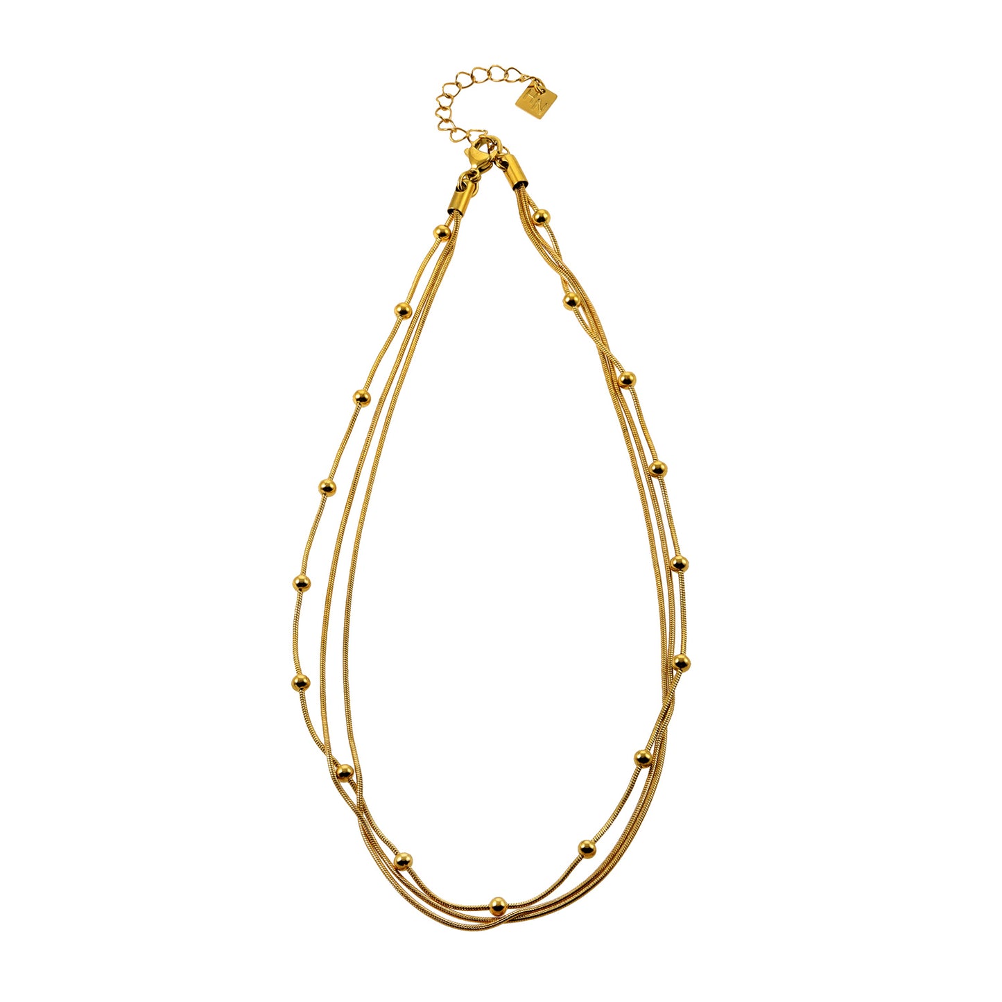 hackney-nine | Style KAKIA 99986: Triple Snake-Skin Chain Layered Necklace with Ball-Bead Accents.