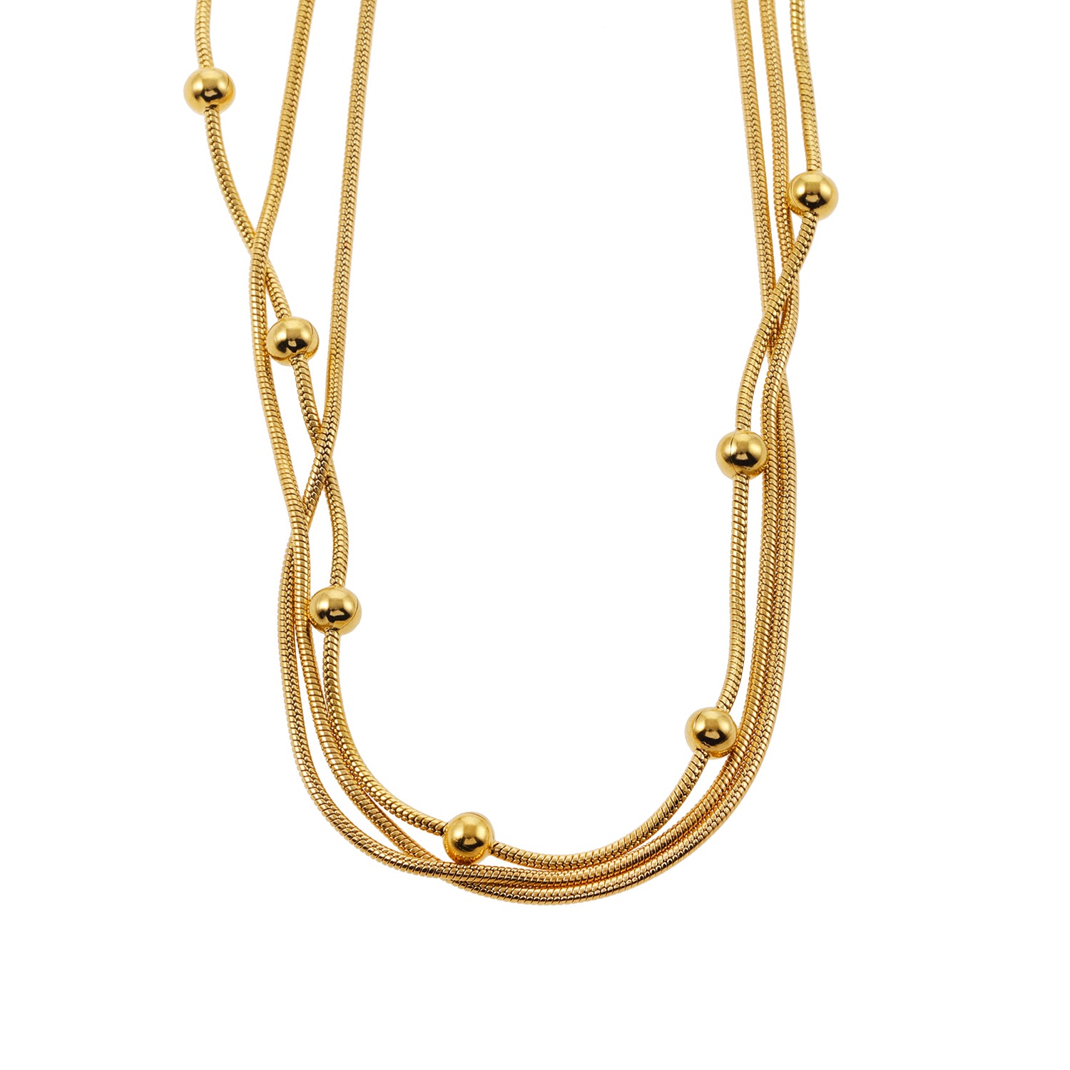 hackney-nine | Style KAKIA 99986: Triple Snake-Skin Chain Layered Necklace with Ball-Bead Accents.
