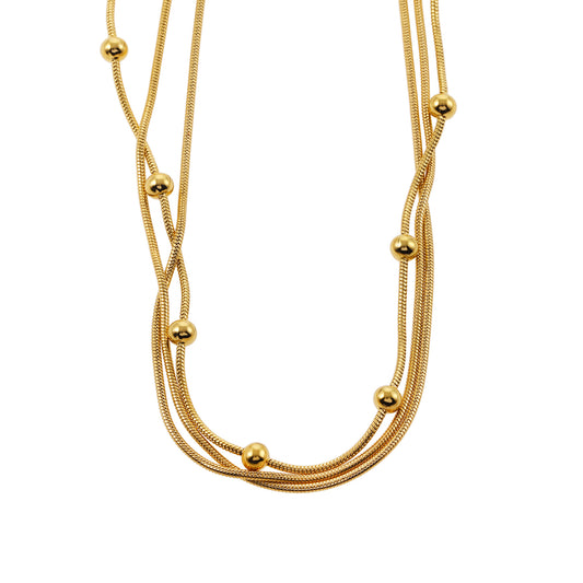 hackney-nine | Style KAKIA 99986: Triple Snake-Skin Chain Layered Necklace with Ball-Bead Accents.