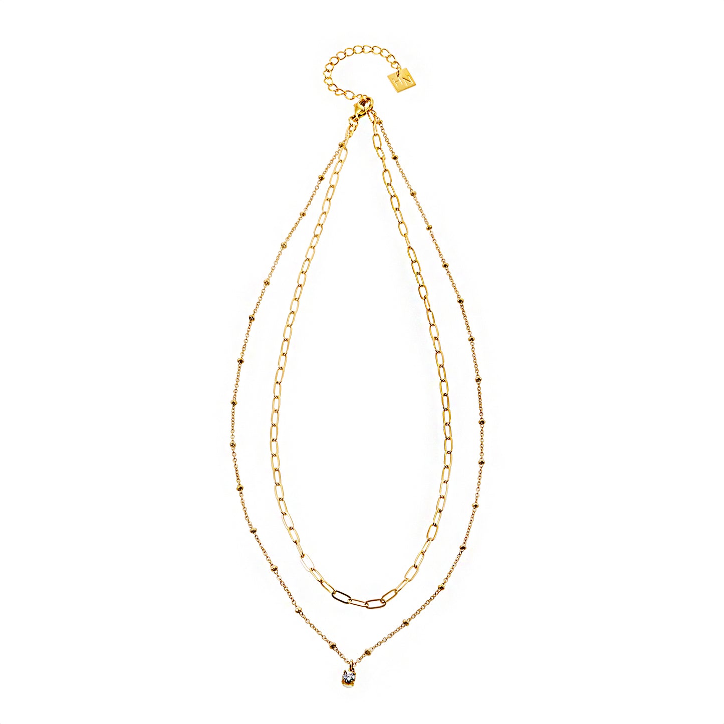 hackney-nine | hackneynine | Style KATERI 52205G Gold: Pre-Layered Chains Necklace with a Solitaire Zirconia Charm Pendant