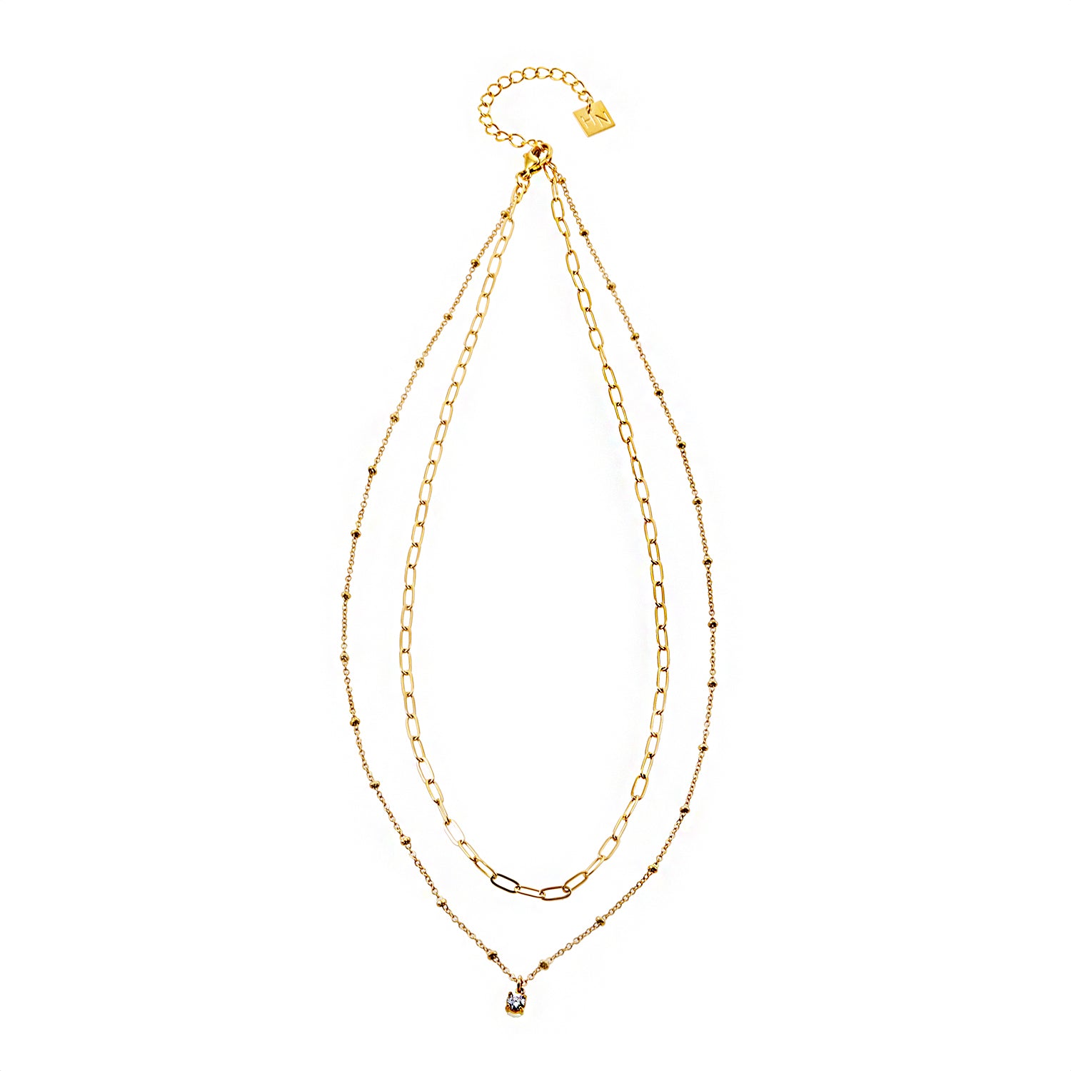 hackney-nine | hackneynine | Style KATERI 52205G Gold: Pre-Layered Chains Necklace with a Solitaire Zirconia Charm Pendant