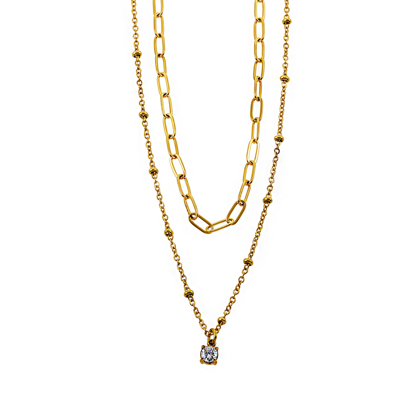 hackney-nine | hackneynine | Style KATERI 52205G Gold: Pre-Layered Chains Necklace with a Solitaire Zirconia Charm Pendant