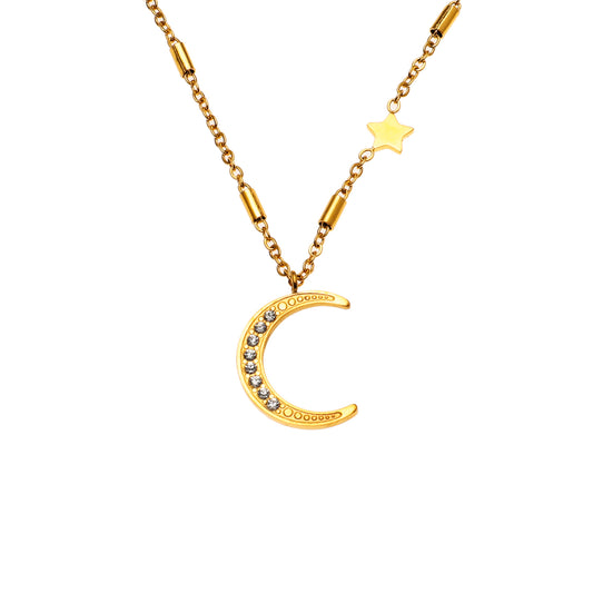 ALMERIA: Celestial Magic - Zirconia Embeded Crescent Moon and Star Necklace