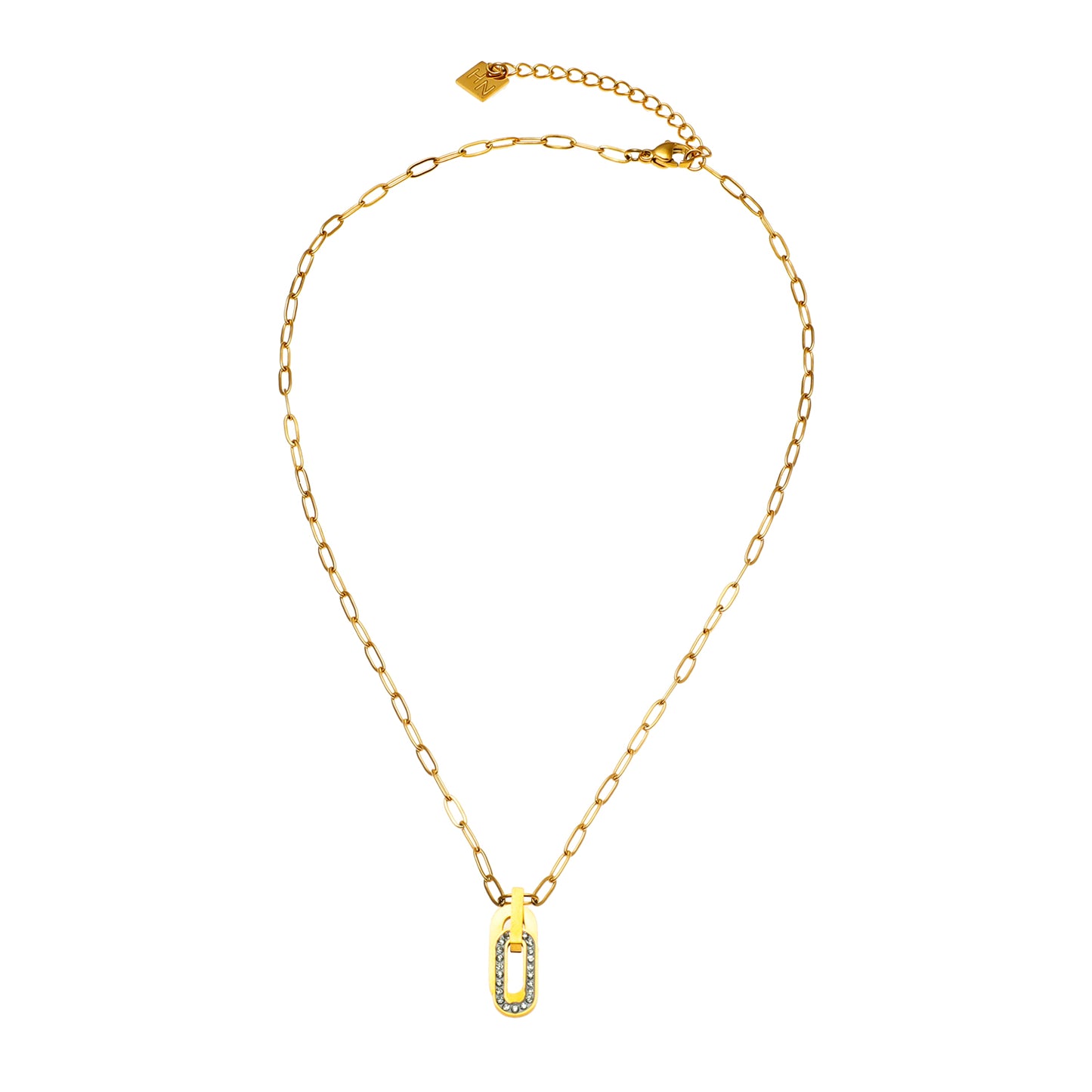 Style CHICALA 33164: Zirconia-Embedded Oval Shaped Charms Pendant on Paper-Clip Chain Necklace.