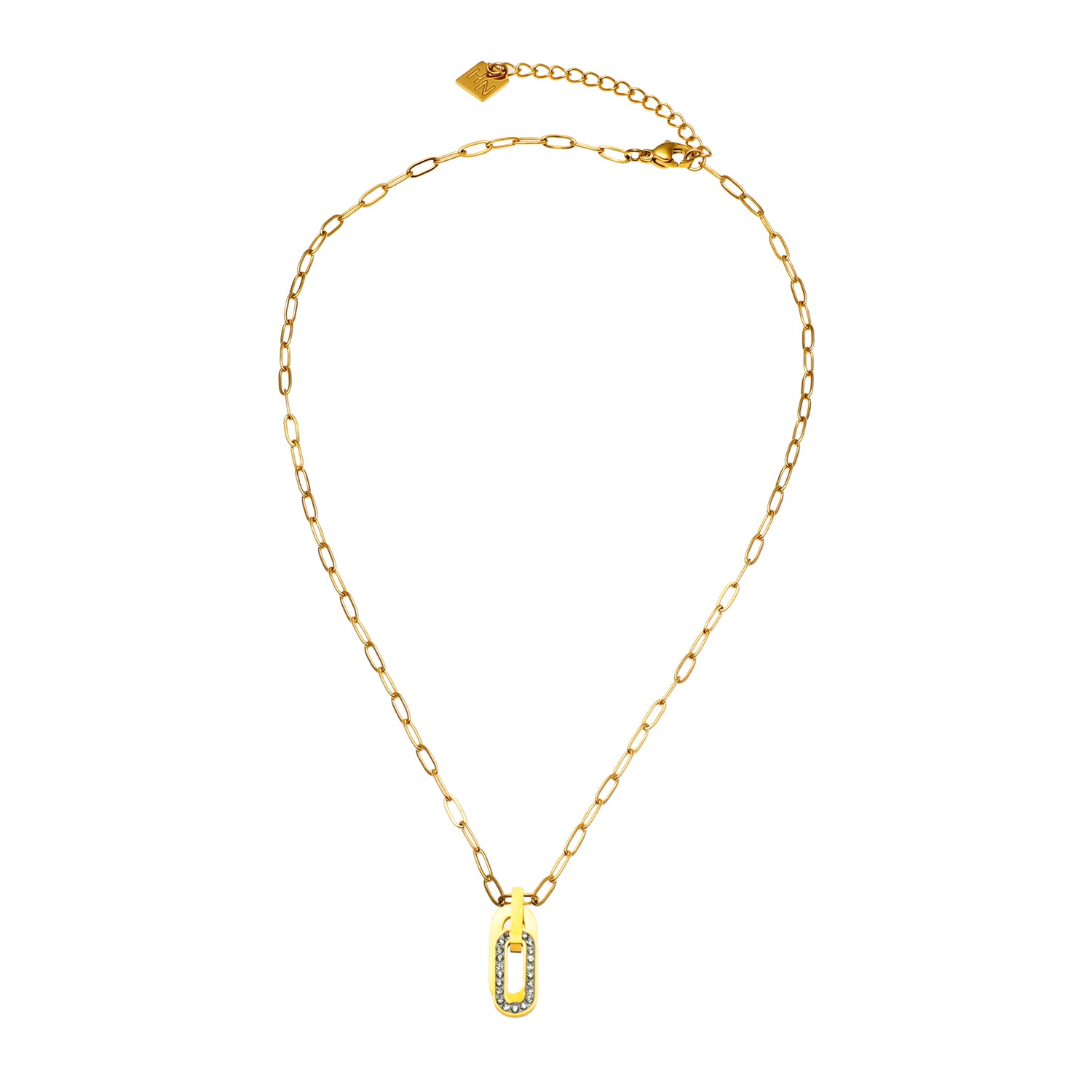 Style CHICALA 33164: Zirconia-Embedded Oval Shaped Charms Pendant on Paper-Clip Chain Necklace.
