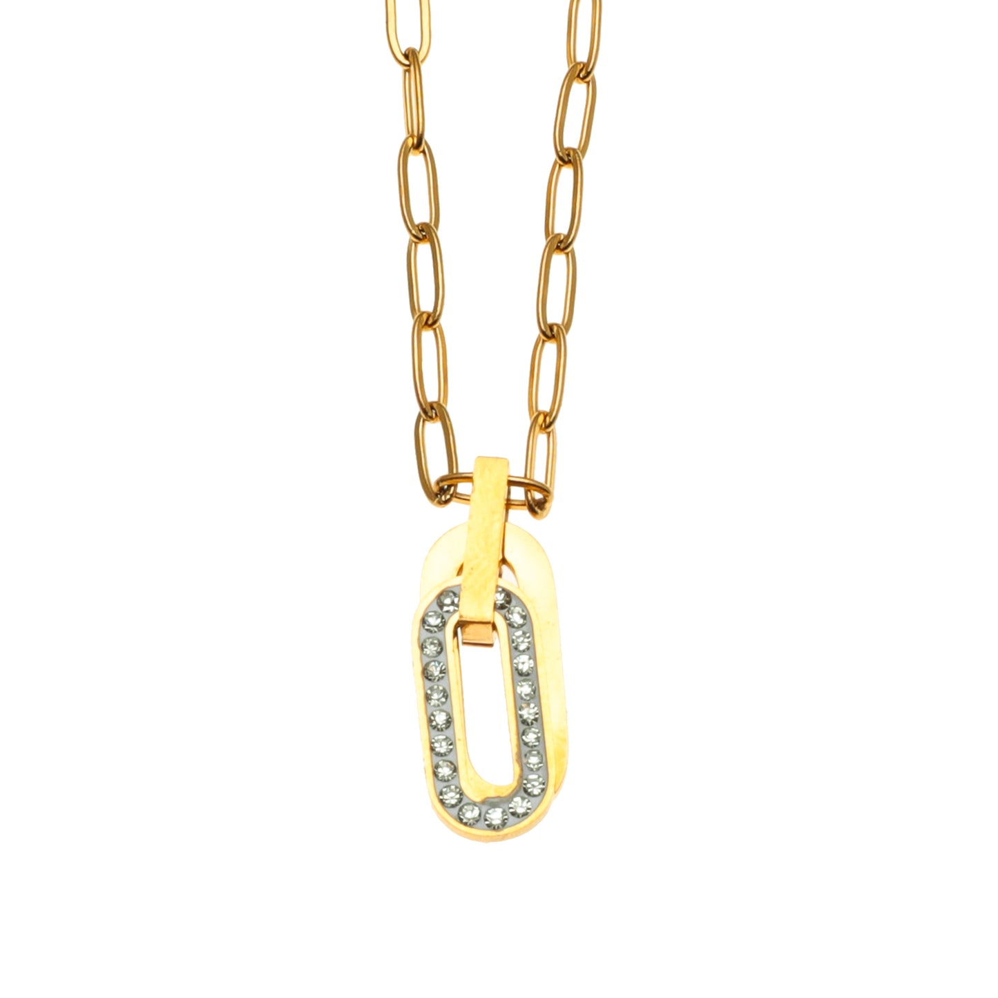 Style CHICALA 33164: Zirconia-Embedded Oval Shaped Charms Pendant on Paper-Clip Chain Necklace.