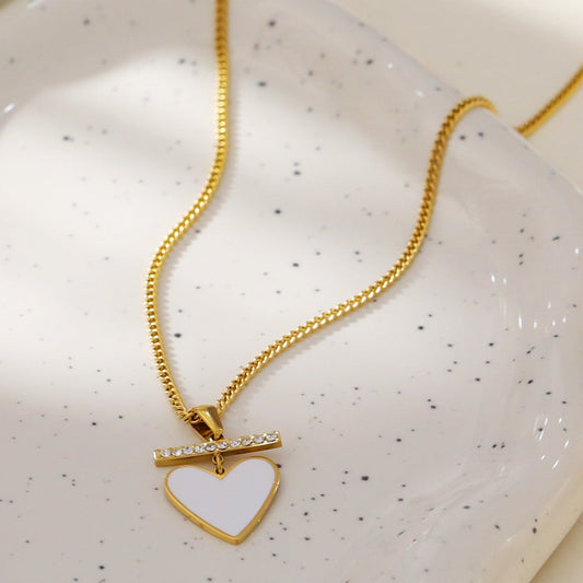 Style BONNYRIGG 48588: Enamel Heart Pendant & Zirconia Embedded Bar Chain Necklace