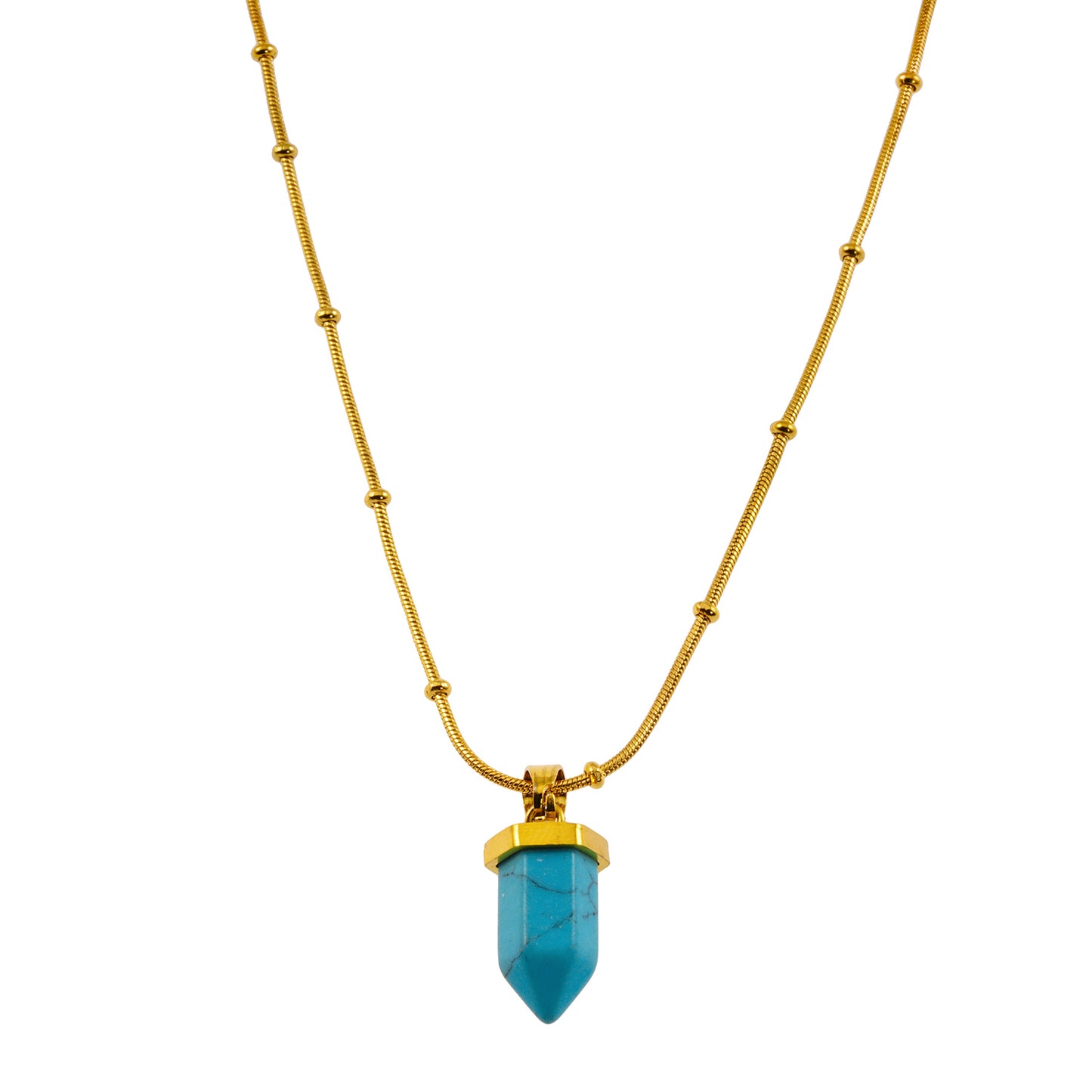 PIPPA: African Turquoise Stone Pendant Anchored on a Beaded Snake Skin Textured Chain Necklace.