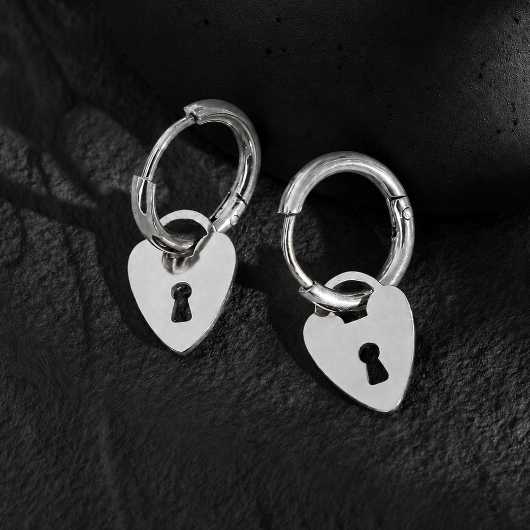PYAR Silver (White Gold): Mini Hoop Earrings Anchoring a Heart Shaped Keylock Charm