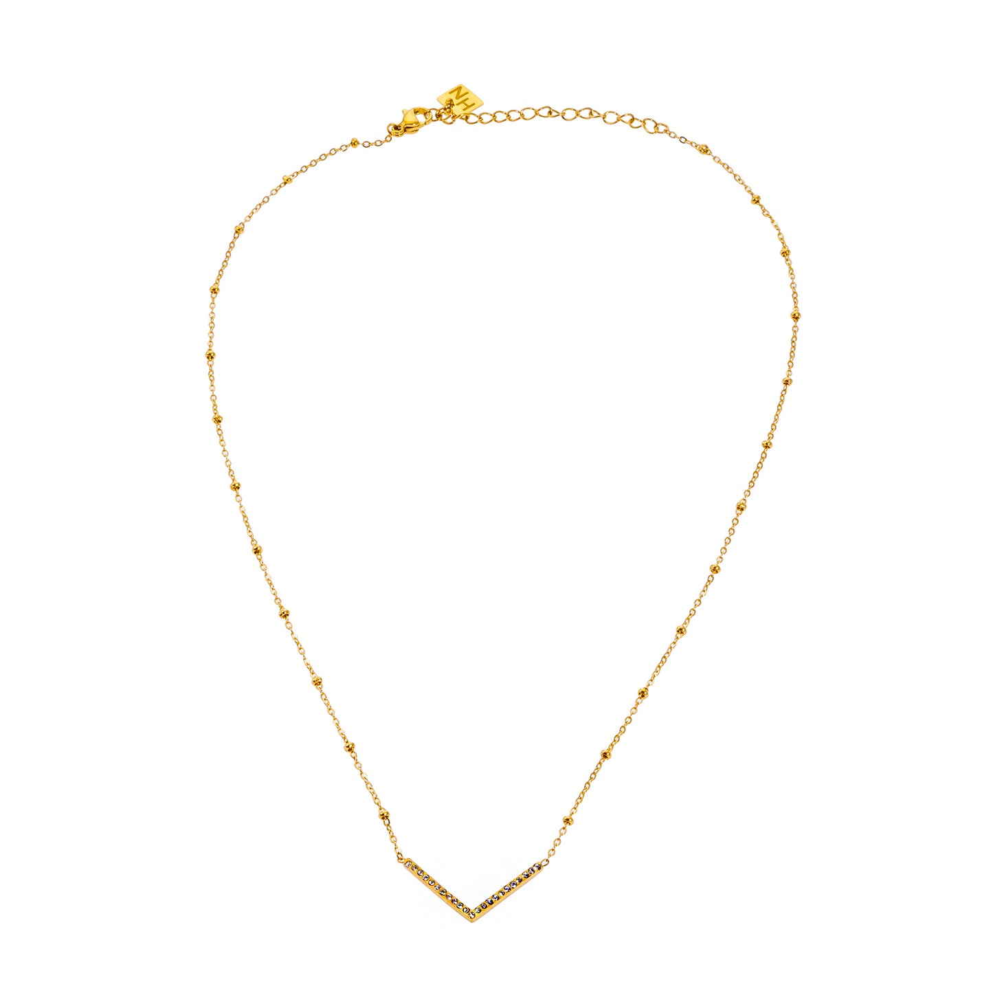 Style SANITA 9712: Beaded Dainty Chain Anchoring 'V' Shaped Zirconia Embedded Pendant Charm.