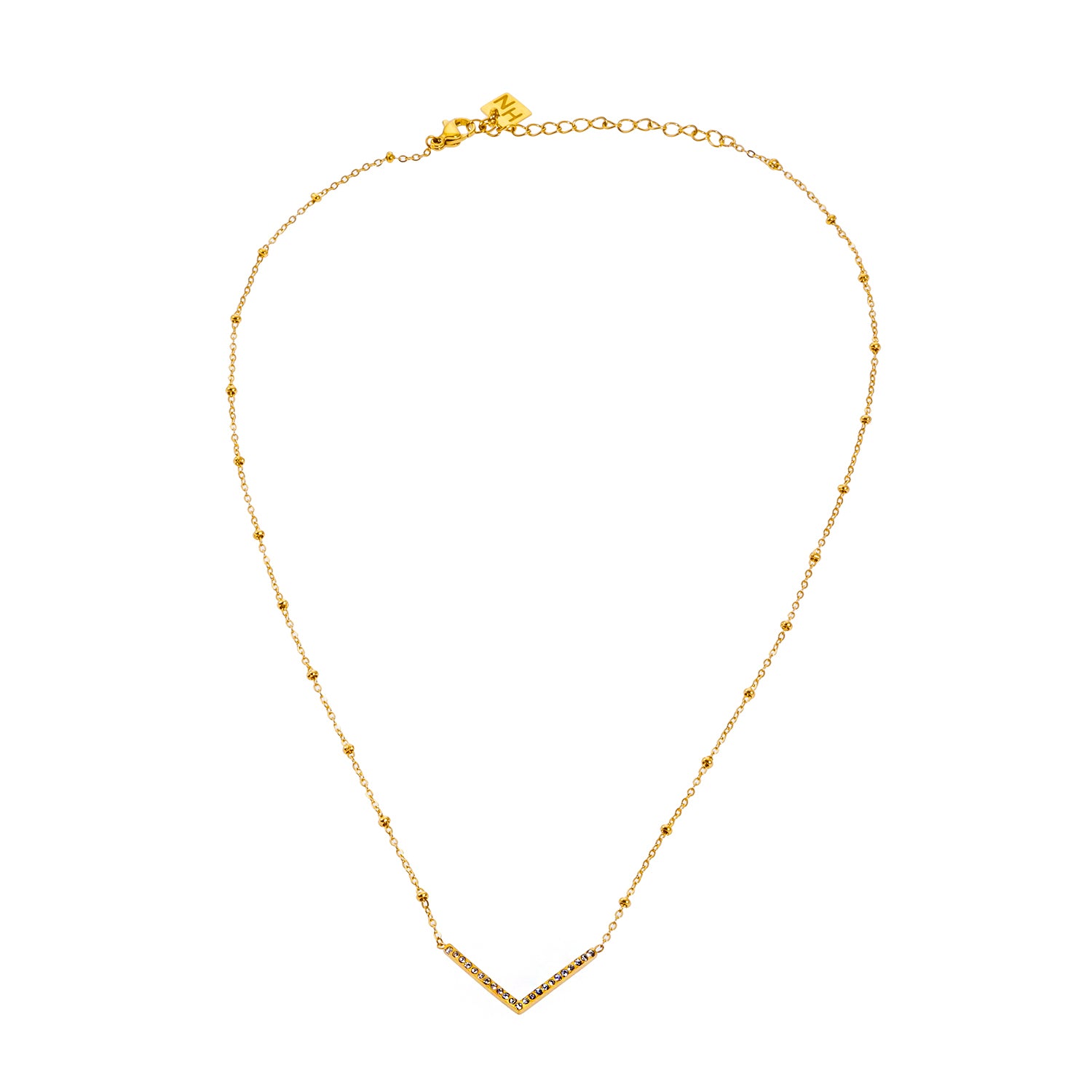 Style SANITA 9712: Beaded Dainty Chain Anchoring 'V' Shaped Zirconia Embedded Pendant Charm.