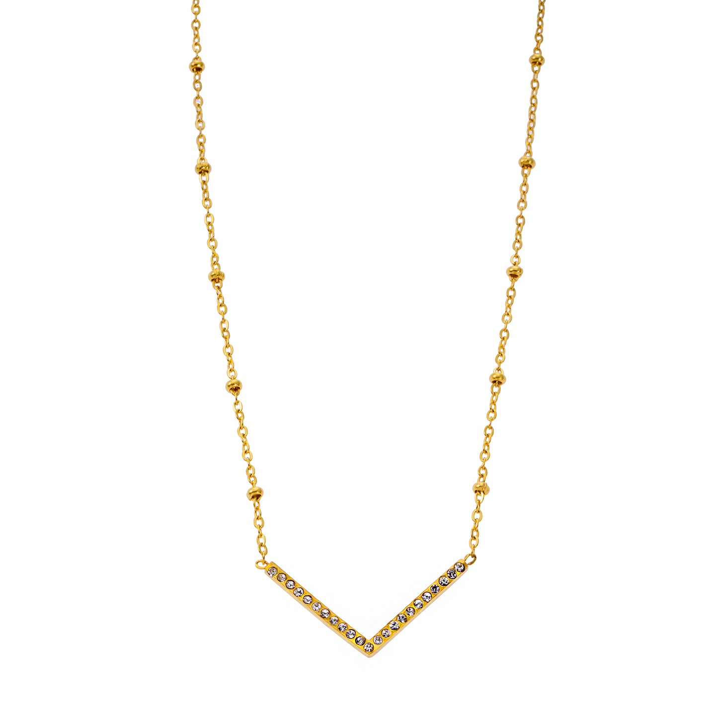 Style SANITA 9712: Beaded Dainty Chain Anchoring 'V' Shaped Zirconia Embedded Pendant Charm.