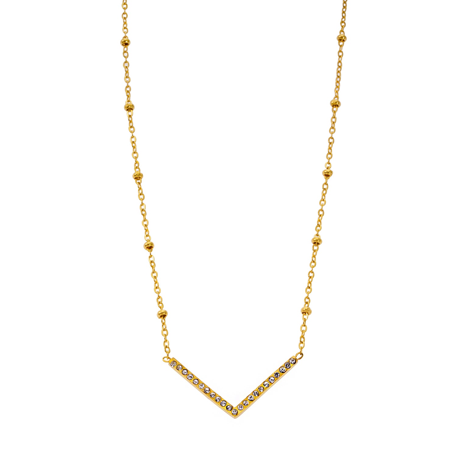 Style SANITA 9712: Beaded Dainty Chain Anchoring 'V' Shaped Zirconia Embedded Pendant Charm.