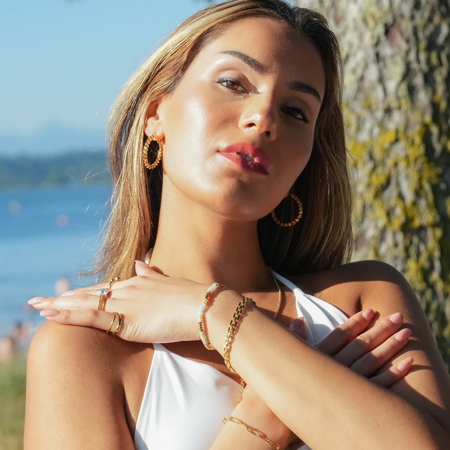 SPRINGDALE Gold: Textured Geometric Square Beaded Hoop Earrings