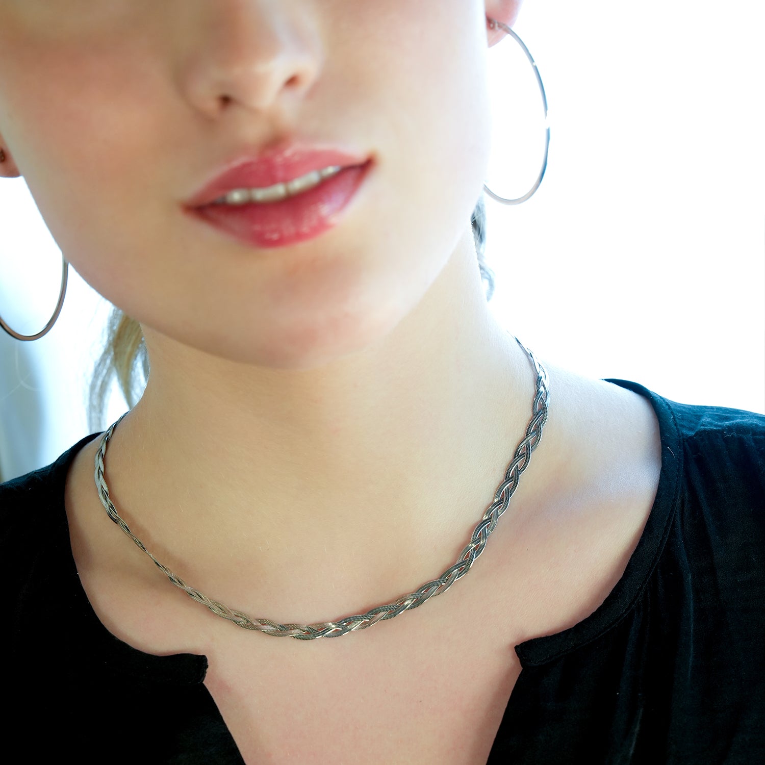 TARA White Gold (Silver Toned): Intertwined Herringbone Snake Skin Textured Necklace.