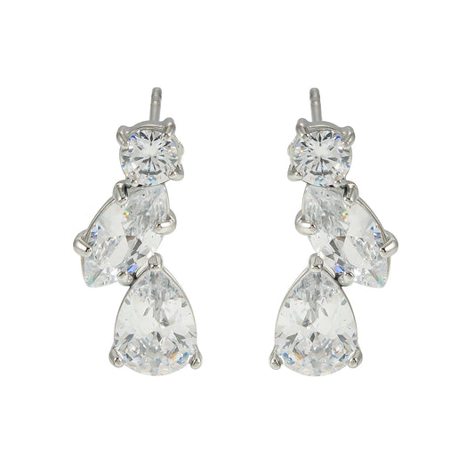 THEOLA: Radiance Triple Moissanite Stack Stud Earrings in Silver Toned White Gold