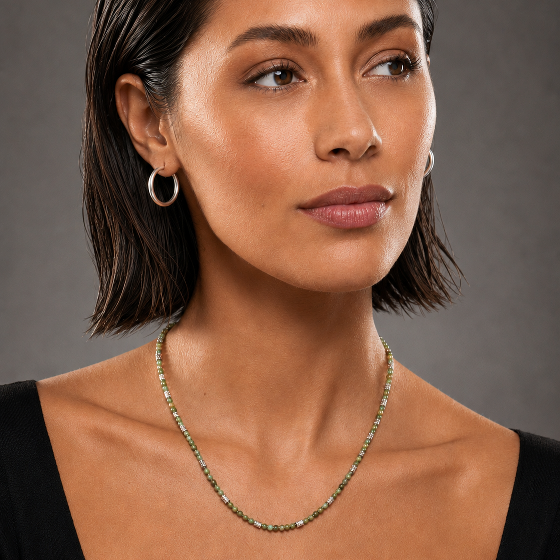TWANDA Silver (White Gold): Mix Natural Stone and Metal Beads Chain Necklace