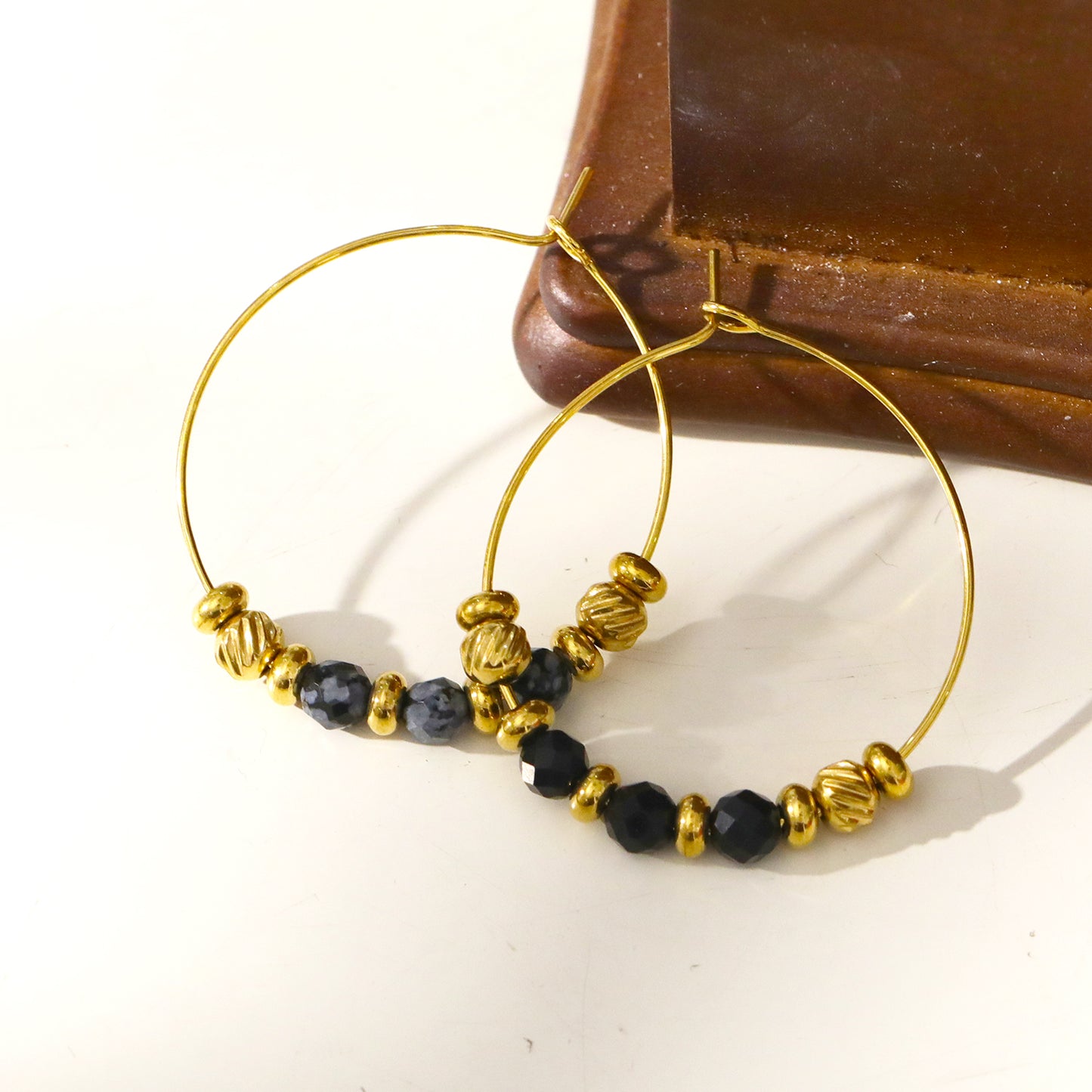 VESTA: Classic Round Hoop Earrings Anchoring Alabaser & Gold Charm Beads