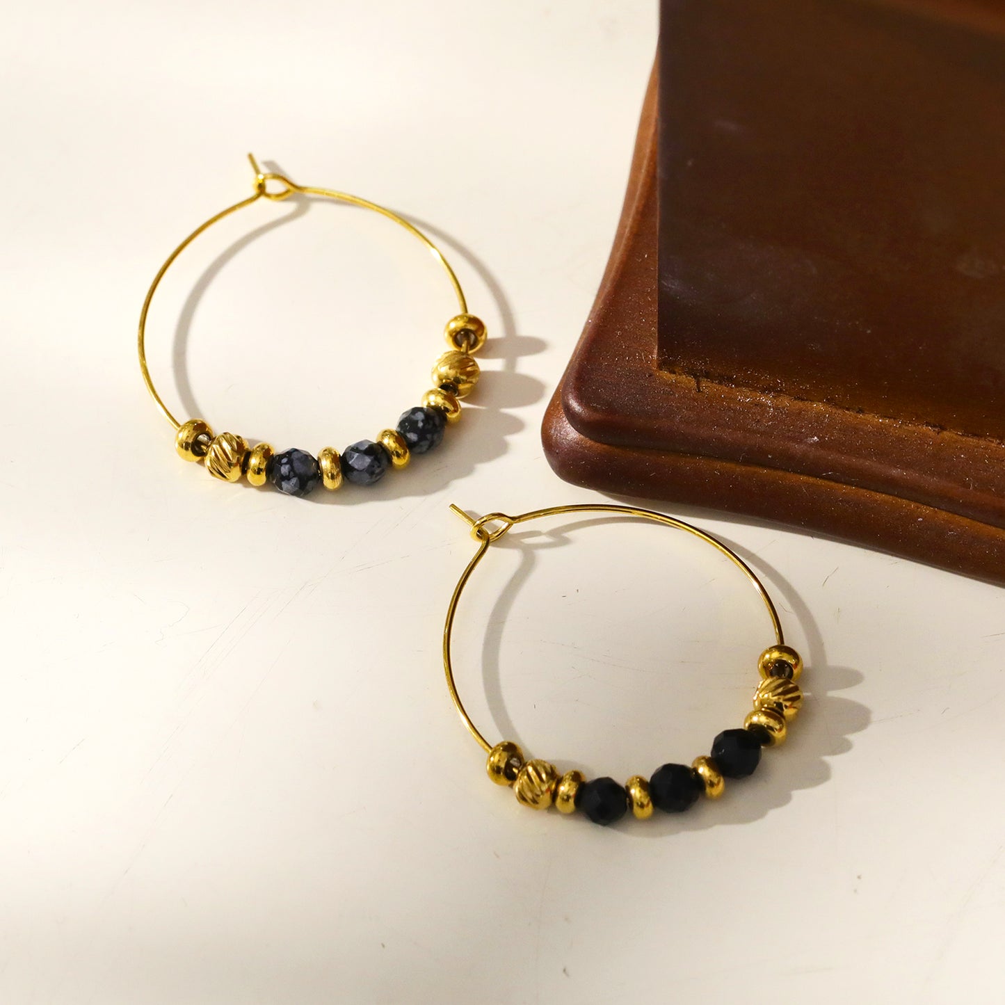 VESTA: Classic Round Hoop Earrings Anchoring Alabaser & Gold Charm Beads
