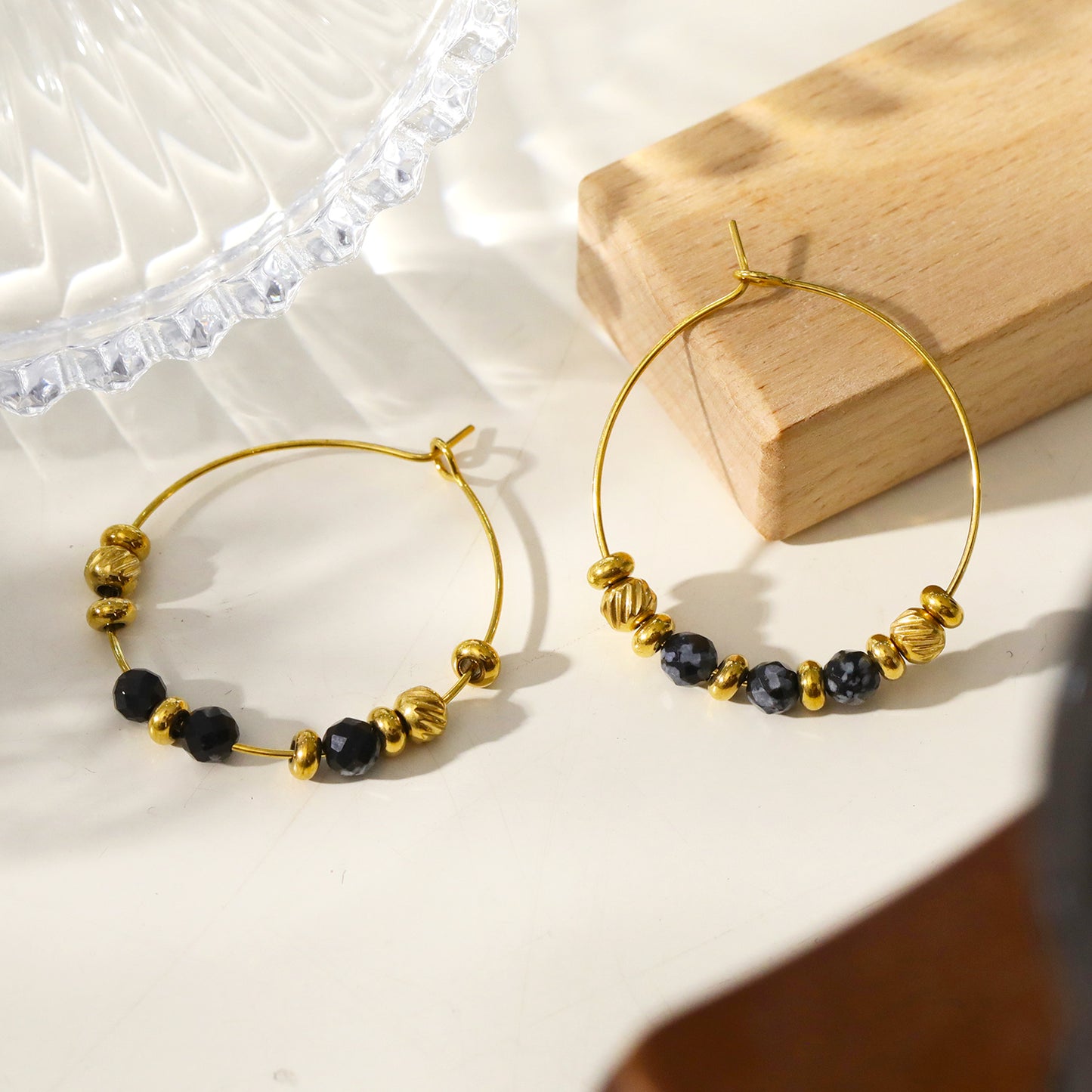 VESTA: Classic Round Hoop Earrings Anchoring Alabaser & Gold Charm Beads