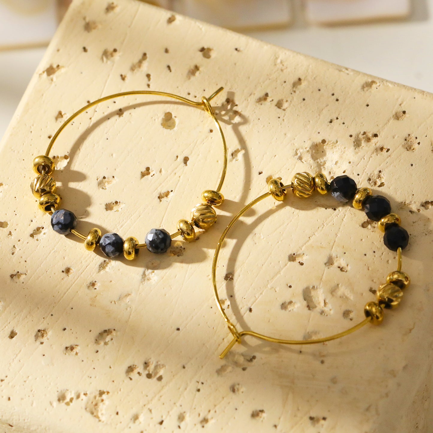 VESTA: Classic Round Hoop Earrings Anchoring Alabaser & Gold Charm Beads