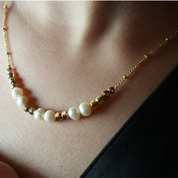 VILJA: Gilded Harmony Chain Necklace with Gold Beads and Freshwater Pearls